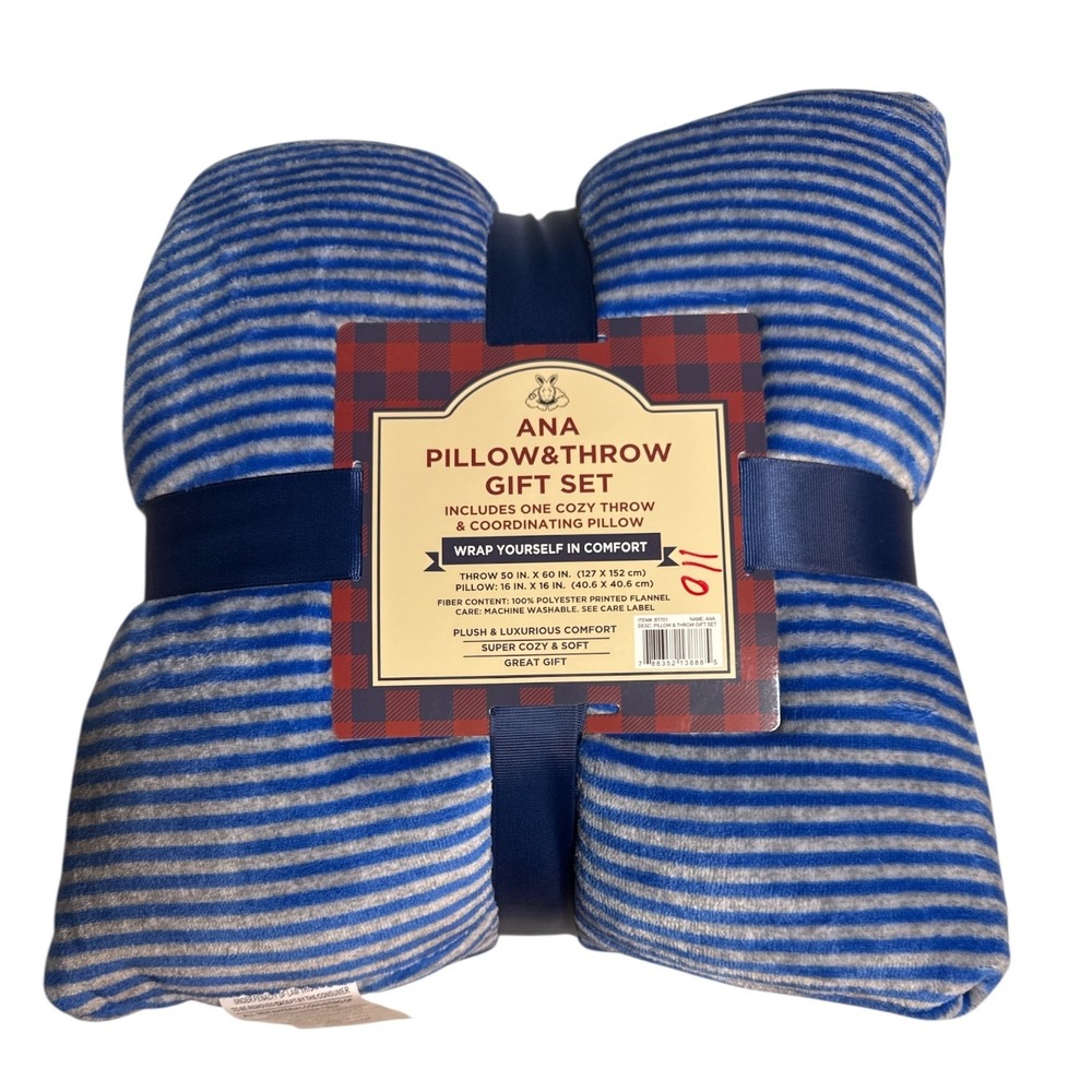 ANA Pillow & Throw Gift Set Blue Gray Stripe Flannel Fleece 50x60 Cozy Home Deco